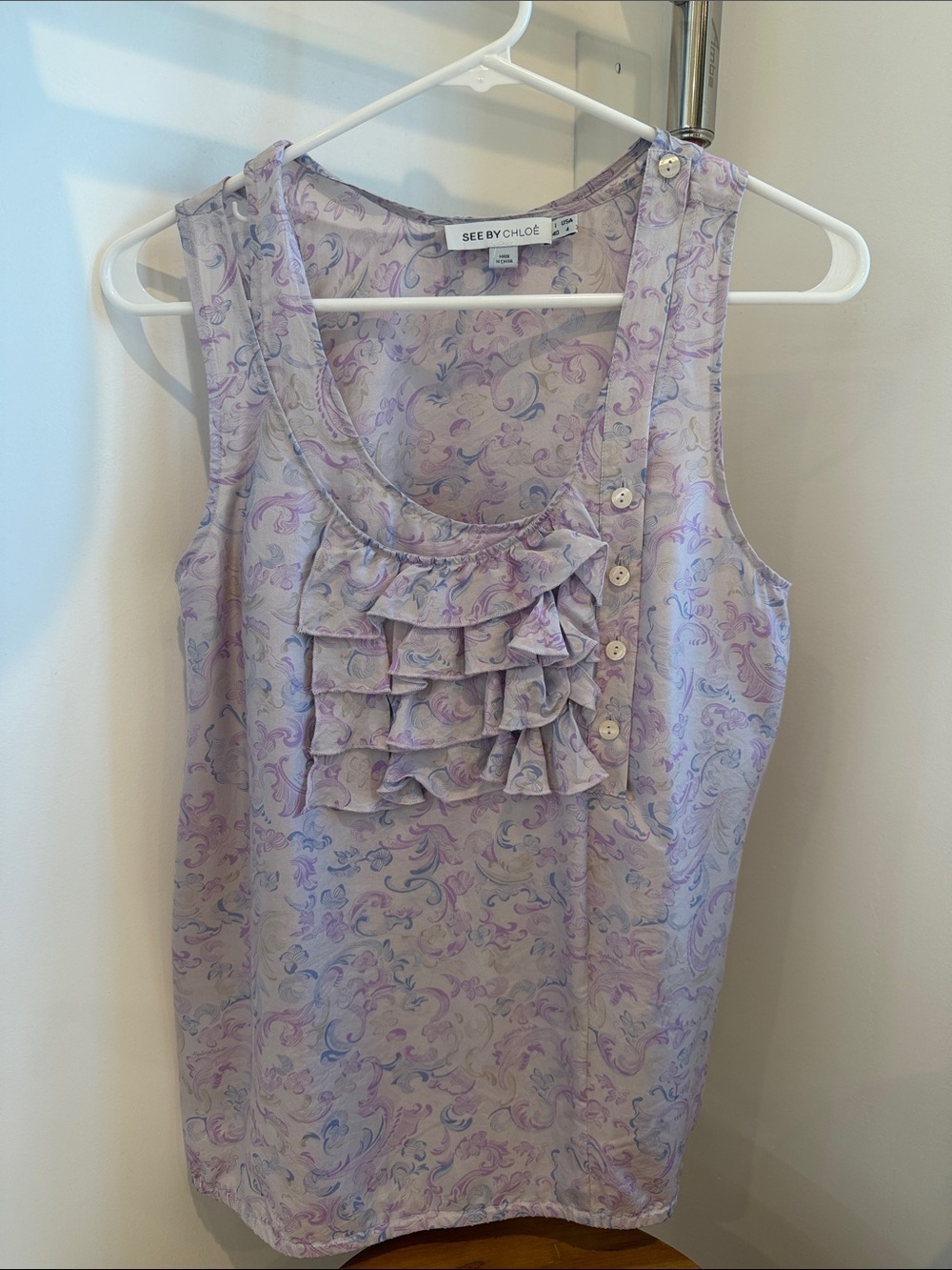 See By Chloe Lavender Floral Ruffle Sleeveless Top